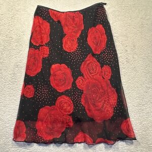 Vintage Y2K  Exact Change Black Red Rose Print Sheer Midi Skirt Womens Size L